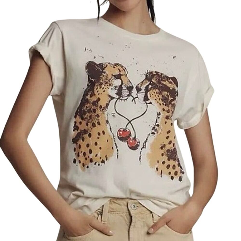 LETLUV for Anthropologie Cheetah Graphic Tee, Size XXS, New without Tag SOO